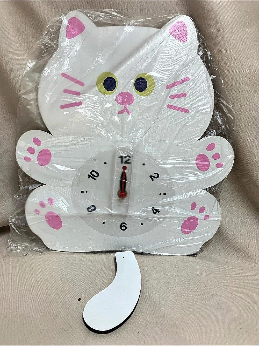 Cat Wall Clock with Pendulum in White & Pink